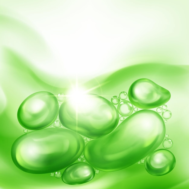 Ilustración con hermosas burbujas de aire realistas con un resplandor brillante flotando en agua u otro líquido en color verde