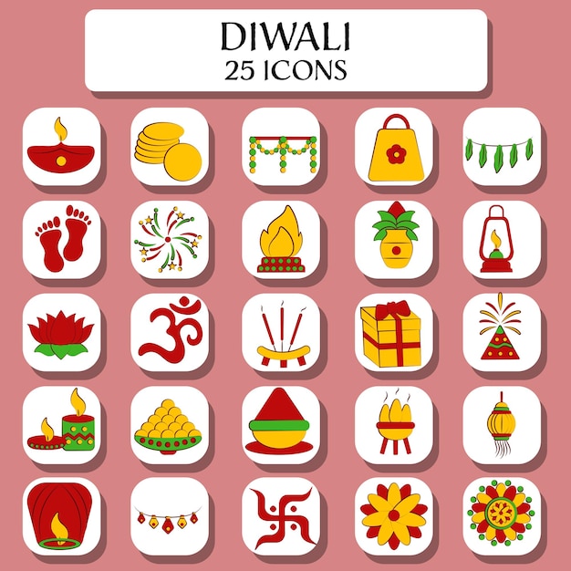 Ilustración del hermoso conjunto de iconos de diwali 25 en fondo rosa