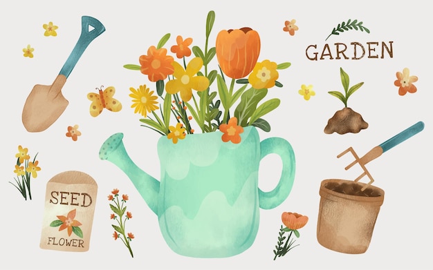 Ilustración de herramientas de jardinería y flores de primavera