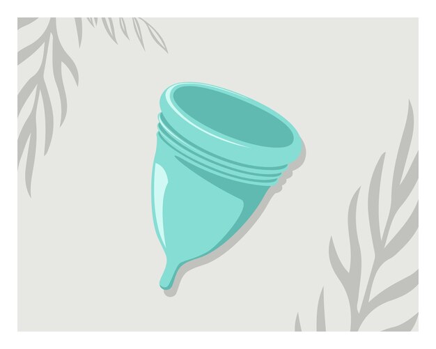Ilustración de higiene femenina de la copa menstrual con hojas de sombra en el fondo