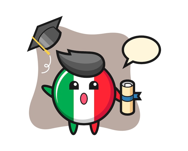 Ilustración de la historieta de la insignia de la bandera de italia lanzando el sombrero en la graduación, estilo lindo, etiqueta engomada, elemento del logotipo