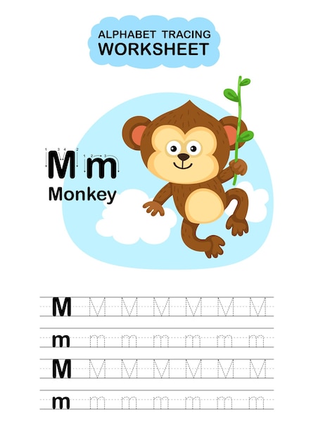 Ilustración hoja de trabajo de rastreo del alfabeto animal aislado letra MMonkey
