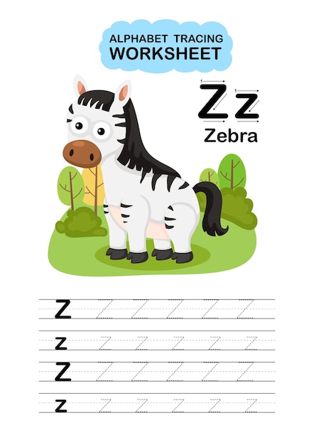 Ilustración hoja de trabajo de rastreo del alfabeto animal aislado letra Zebra