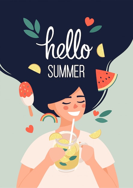 Ilustración Hola verano con mujer feliz con limonada en manos