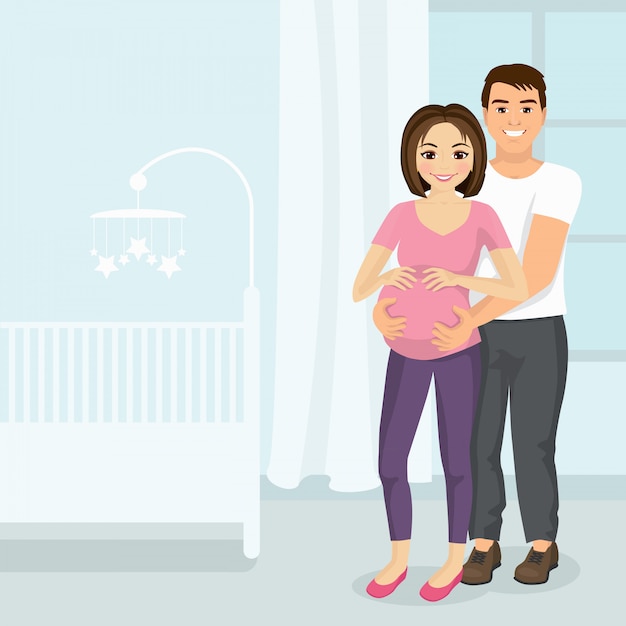 Ilustración del hombre abrazando a la mujer embarazada en la habitación de los niños. Concepto de pareja feliz en un estilo plano.