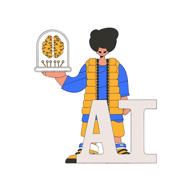 Ilustración de un hombre agarrando un concepto de IA de cerebro robótico.