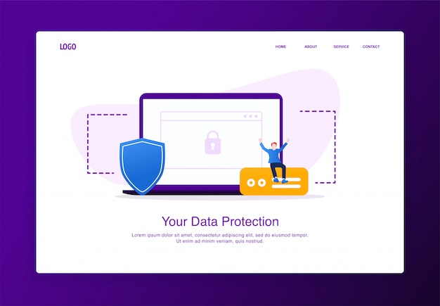 Ilustración del hombre alegre que se sienta en el disco duro externo con la computadora portátil y el blindaje. concepto de seguridad de diseño plano moderno, plantilla de página de destino.