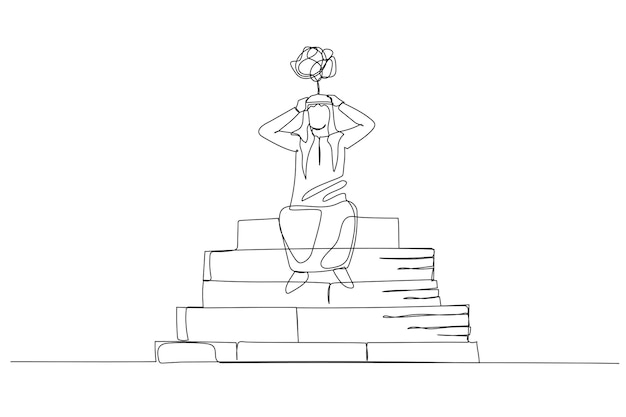 Ilustración de un hombre árabe estresado por el papeleo Un estilo de arte de línea continua