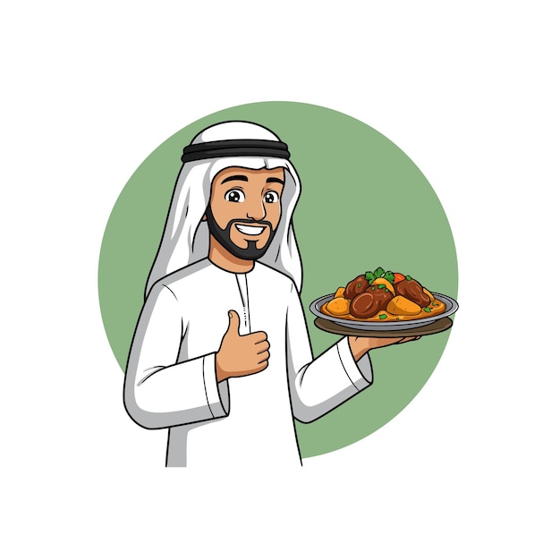Una ilustración de un hombre árabe sonriente con ropa tradicional sosteniendo un plato de aspecto delicioso y haciendo un gesto de pulgar hacia arriba