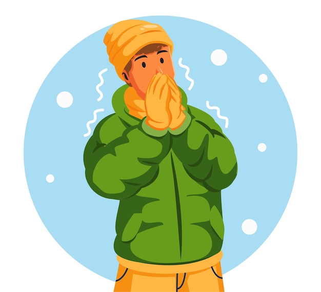 Ilustración de un hombre con una chaqueta de invierno y estornudando