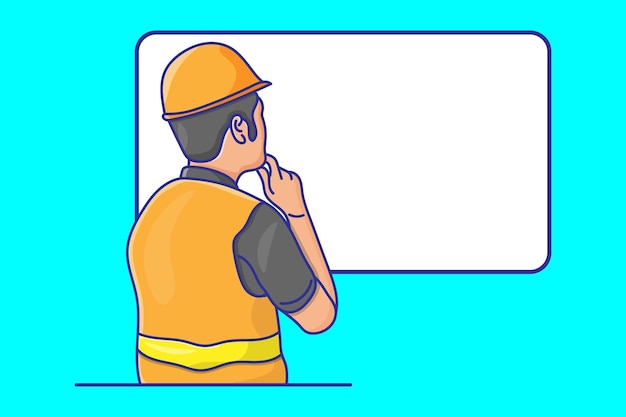 Ilustración de un hombre de la construcción trabajando en un problema pensativo moderno vector de dibujos animados fondo blanco.