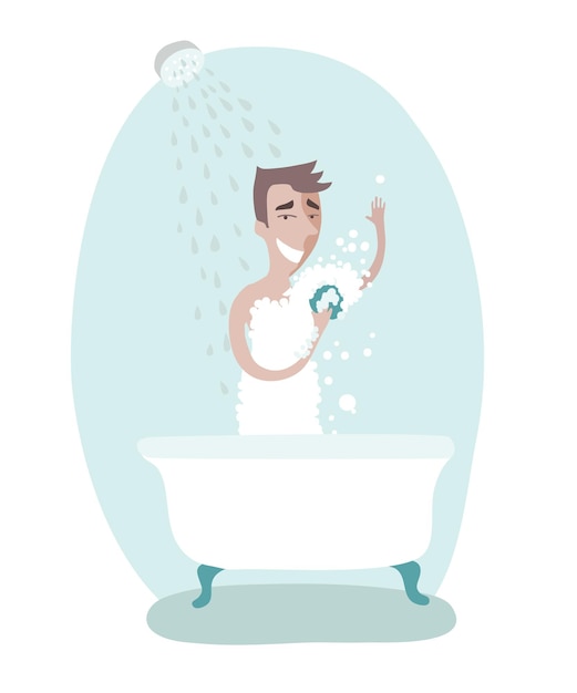 Vector ilustración del hombre cuidando la higiene personal. tomando una ducha