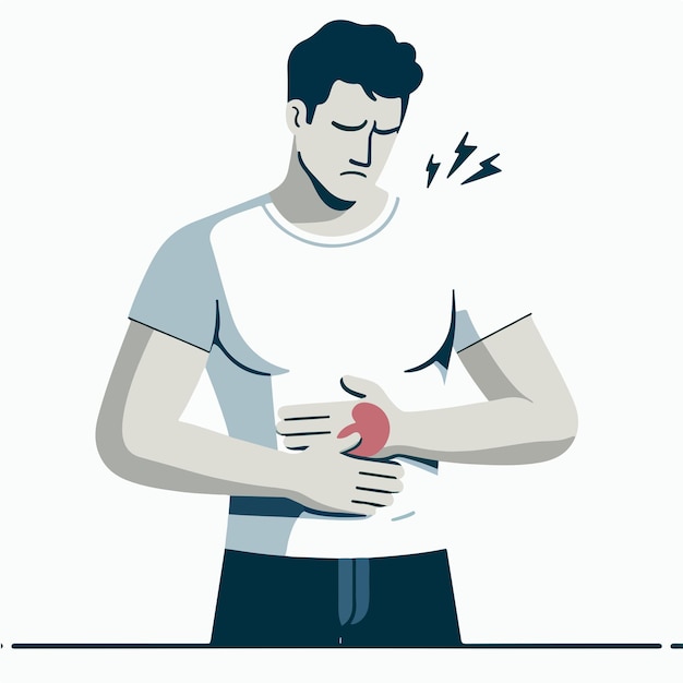 Vector ilustración de un hombre con dolor de estómago en un estilo de diseño plano