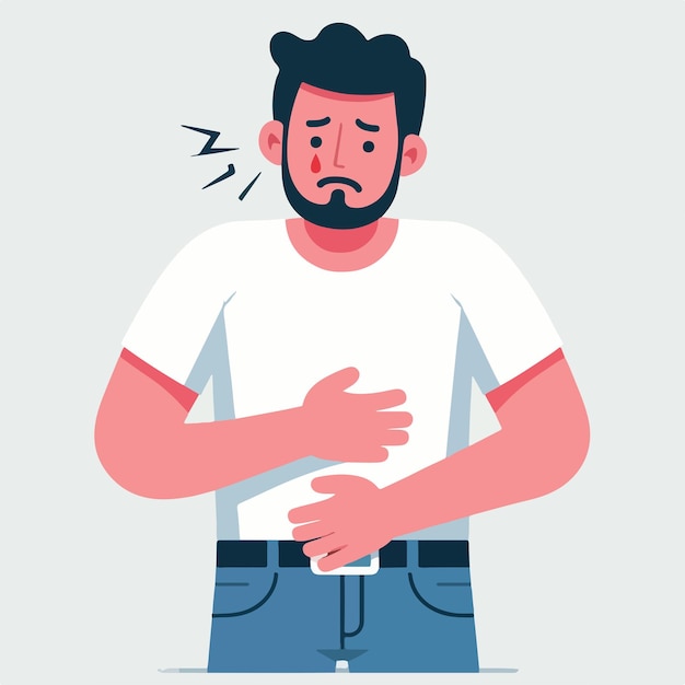 Vector ilustración de un hombre con dolor de estómago en un estilo de diseño plano