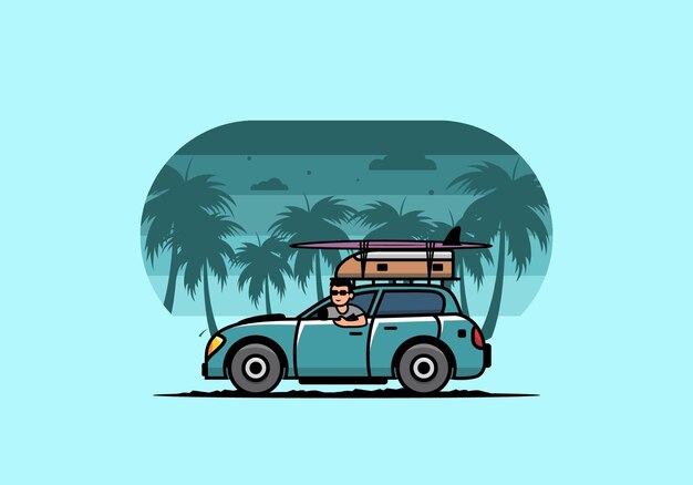 ilustración, de, un, hombre, equitación, un, coche, para, vacaciones