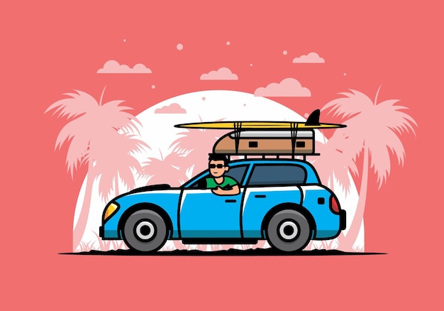 ilustración, de, un, hombre, equitación, un, coche, para, vacaciones