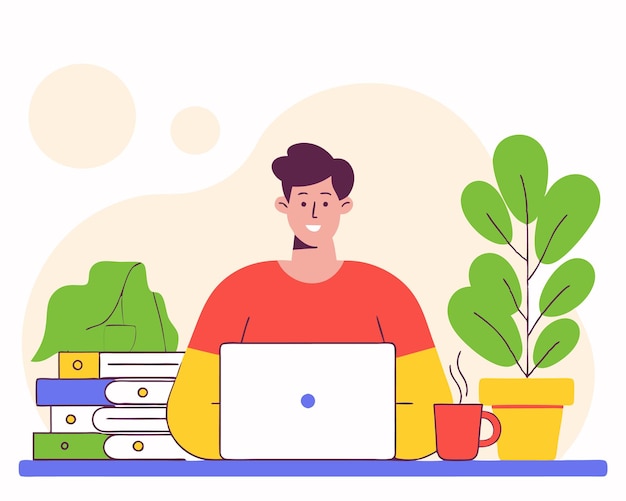 Ilustración de un hombre freelance trabajando como freelance desde casa