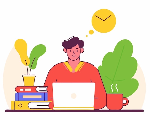 Ilustración de un hombre freelance trabajando como freelance desde casa