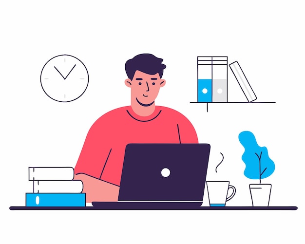 Ilustración de un hombre freelance trabajando como freelance desde casa