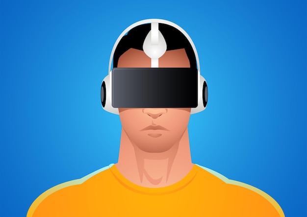 Vector ilustración de un hombre en gafas de realidad virtual contra un fondo azul exploran las posibilidades ilimitadas de la tecnología y la imaginación que habla de innovación y las promesas del mañana