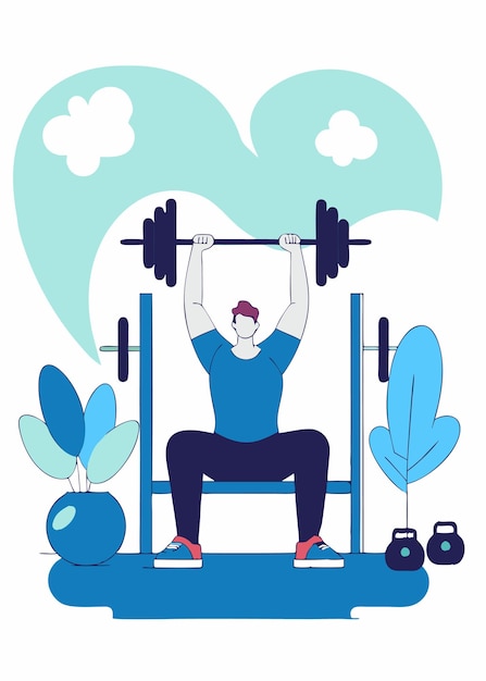 Ilustración de un hombre haciendo ejercicio en un gimnasio sobre un fondo blanco