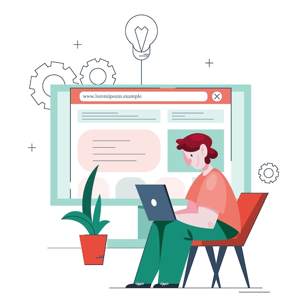 Ilustración de hombre haciendo un sitio web. Proceso de creación de sitio web, codificación, programación, construcción de interfaz y creación de contenido. Hombre que sostiene una computadora crea un sitio web.