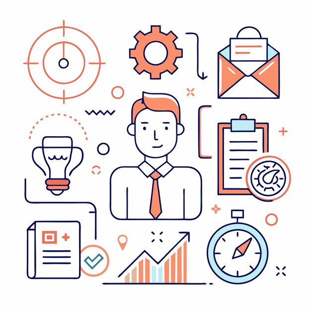 Ilustración de un hombre con iconos empresariales que representan la estrategia de planificación y el éxito