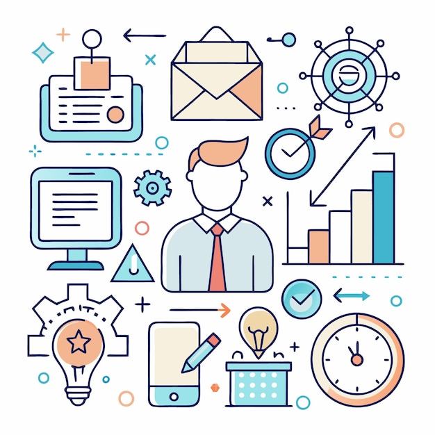 Ilustración de un hombre con iconos de negocios, incluido un sobre de gráfico de reloj de teléfono de computadora y una bombilla