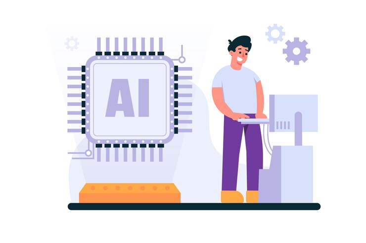 Vector ilustración de un hombre implementando un programa en un chip robótico