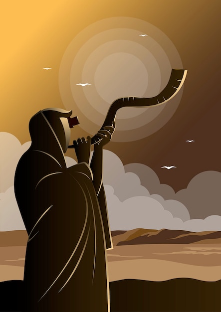 Vector una ilustración del hombre judío que sopla el cuerno de carnero shofar en el día de celebración de rosh hashaná y yom kipur