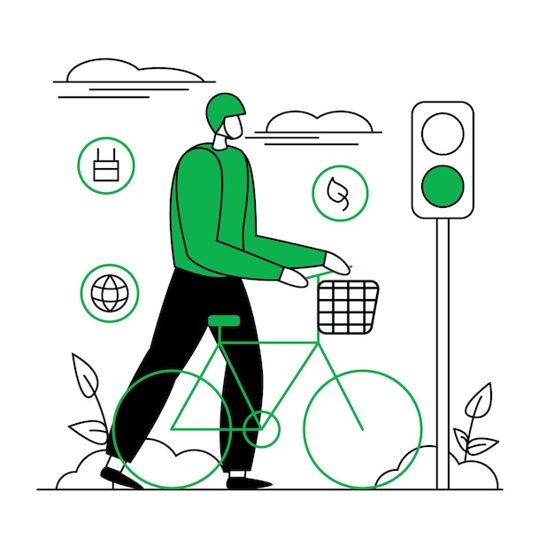 Vector ilustración de hombre montando bicicleta con casco en semáforo verde