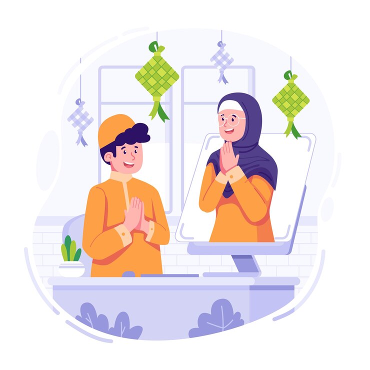 Una ilustración de un hombre y una mujer mirando una pantalla que dice feliz año nuevo.