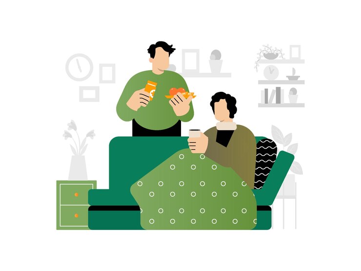 Ilustración de un hombre y una mujer en un sofá con una taza de café y un reloj en la pared.