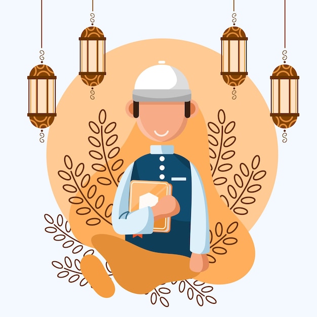 Ilustración de un hombre musulmán con corán