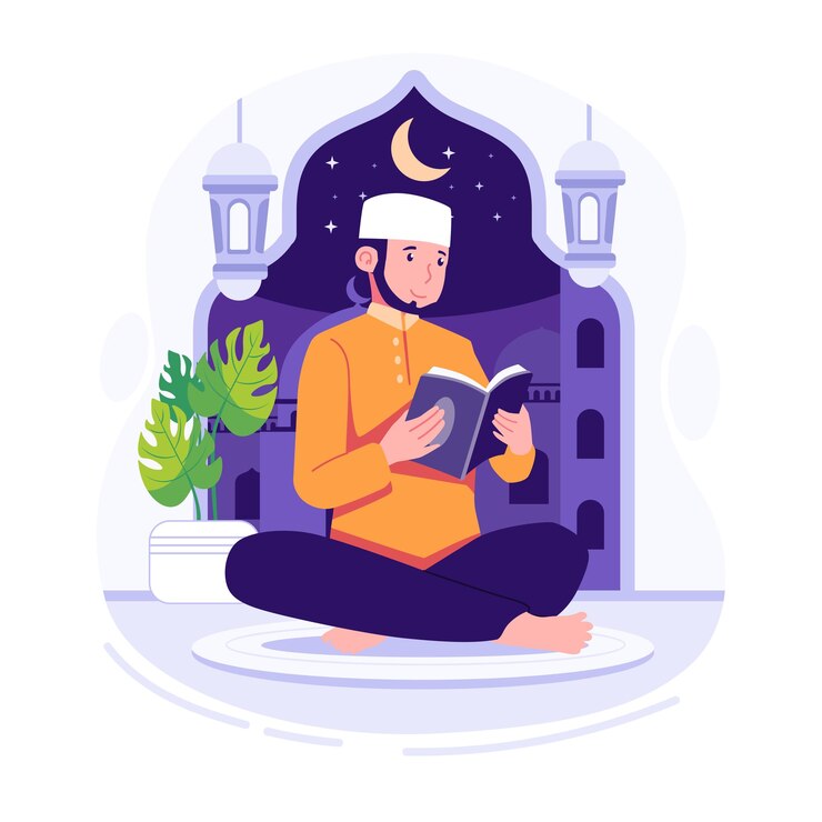 Ilustración de un hombre musulmán leyendo un libro