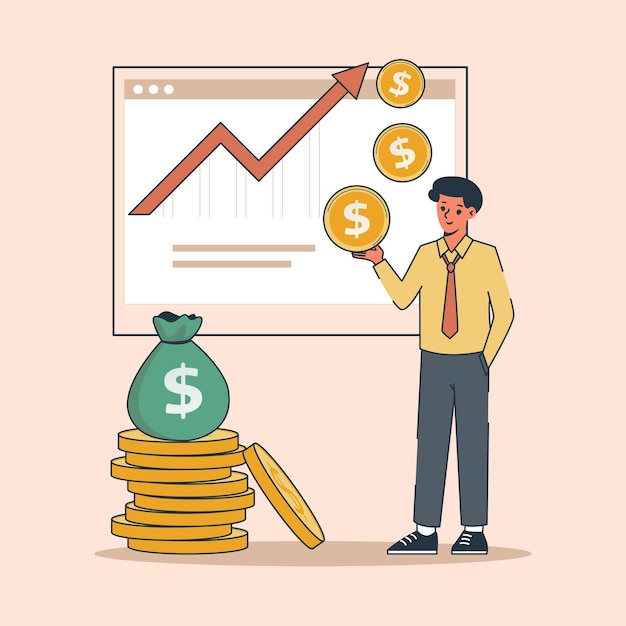 Ilustración de un hombre de negocios analizando el gráfico de crecimiento financiero