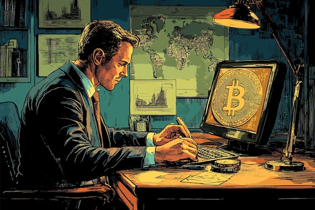 Ilustración de un hombre de negocios aprendiendo sobre criptomonedas