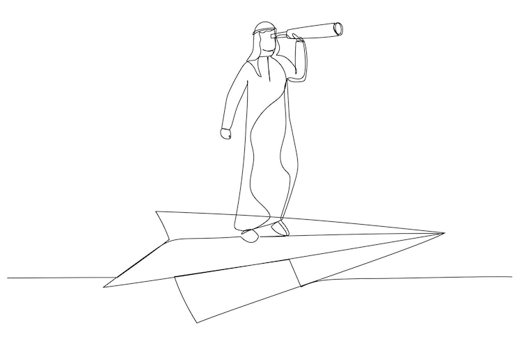 Vector ilustración de un hombre de negocios árabe volando en un avión de papel ilustración de una oportunidad de inversión y visionario de negocios estilo de arte de una línea