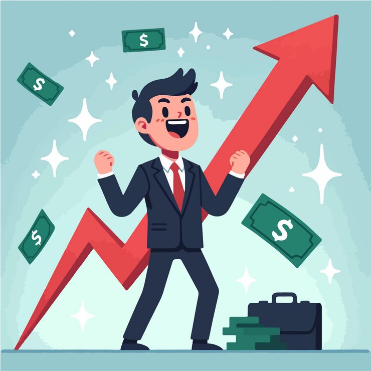 Vector ilustración de un hombre de negocios celebrando sus ganancias financieras
