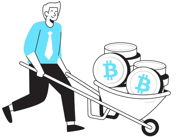 Ilustración de un hombre de negocios empujando una carretilla llena de bitcoins.