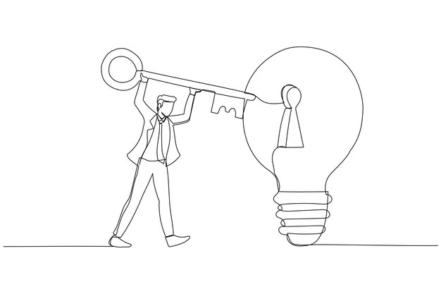 Ilustración de un hombre de negocios inteligente que sostiene una llave grande a punto de insertarla en la lámpara de la idea de la bombilla Metáfora para la invención y la creatividad de la idea de negocio Un estilo de arte de línea continua