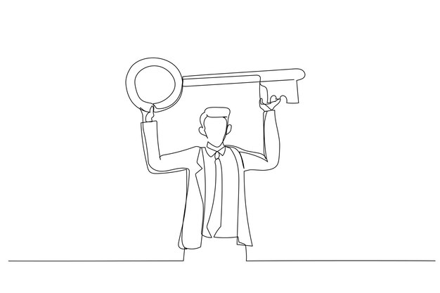 Ilustración de un hombre de negocios de pie que lleva una llave grande levantada sobre la cabeza Metáfora para tener ideas clave estratégicas Estilo de arte de una línea