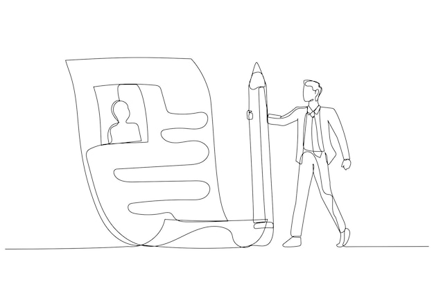 Ilustración de un hombre de negocios profesional que termina de escribir el concepto de currículum vitae del mejor currículum vitae para solicitar un trabajo Estilo de arte de una sola línea