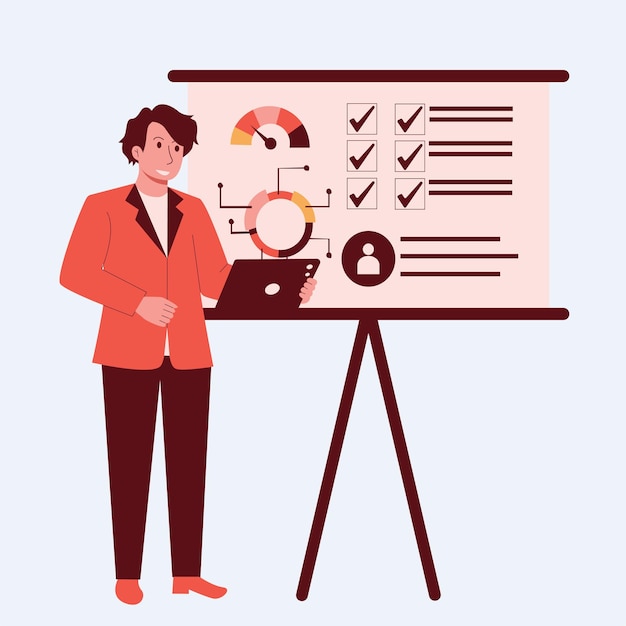 Ilustración de un hombre de negocios que presenta con visualización de datos