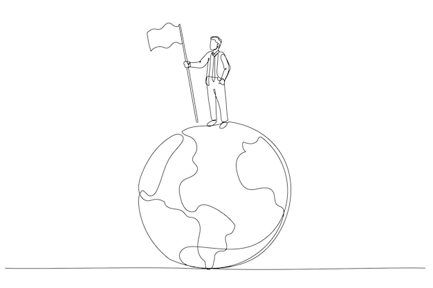 Ilustración de un hombre de negocios que sube la escalera sosteniendo una bandera ganadora en el mundo ganador de la competencia empresarial mundial Estilo de arte de una sola línea