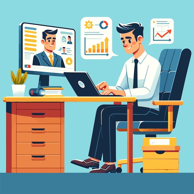 Ilustración de un hombre de negocios en una reunión de negocios en línea