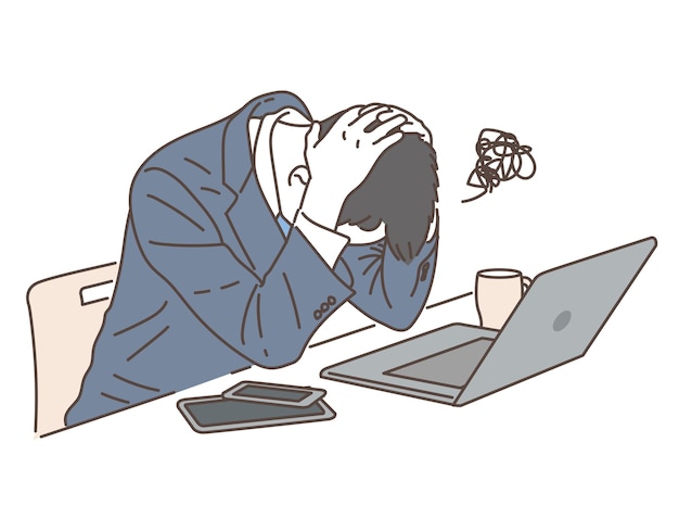Ilustración de un hombre de negocios sosteniendo su cabeza frente a una computadora