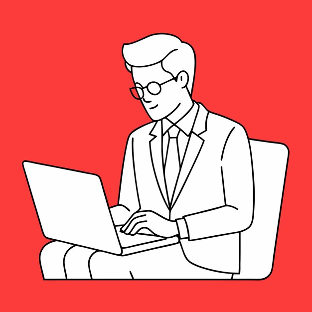 Ilustración de un hombre de negocios trabajando diligentemente en su portátil mientras está sentado en una silla de oficina con gafas 12