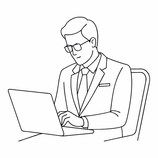 Ilustración de un hombre de negocios trabajando diligentemente en su portátil mientras está sentado en una silla de oficina con gafas 22