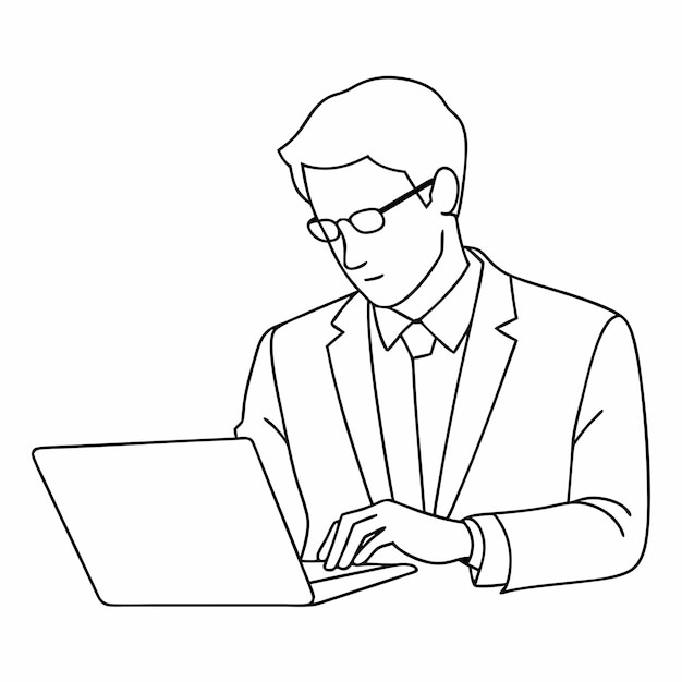 Ilustración de un hombre de negocios trabajando diligentemente en su portátil mientras está sentado en una silla de oficina con gafas 48